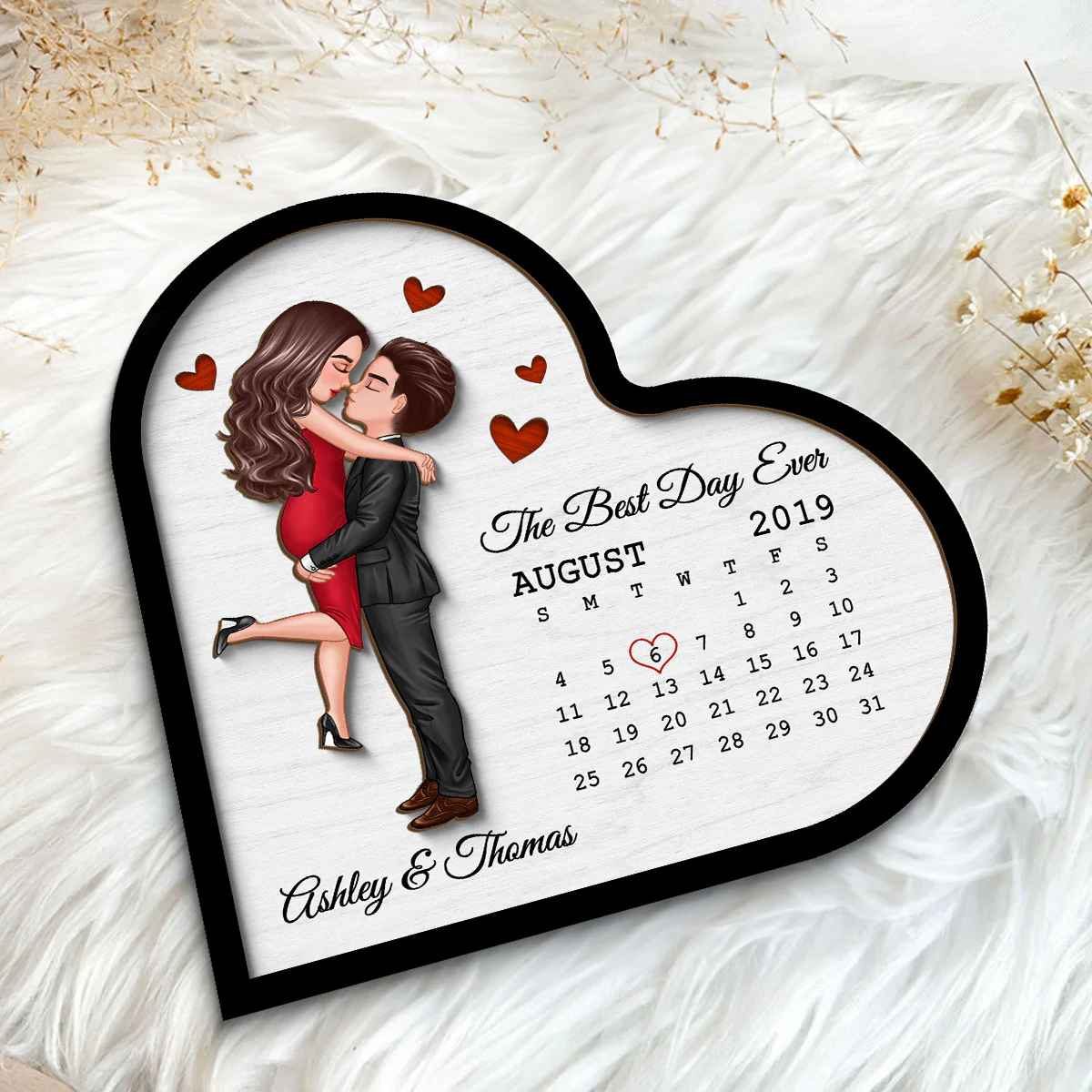 Doll Couple Hugging Kissing Calendar Anniversary Date Gift For Couple Gift For Him Gift For Her Personalized Heart Shaped 2 Layer Wooden Plaque - Image 5