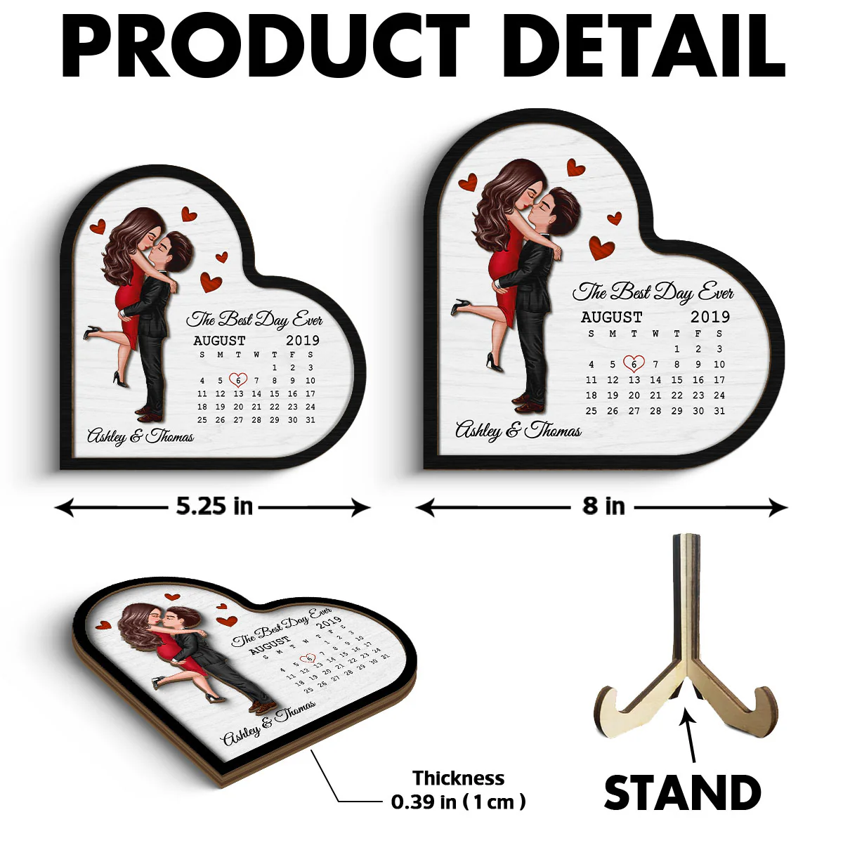 Doll Couple Hugging Kissing Calendar Anniversary Date Gift For Couple Gift For Him Gift For Her Personalized Heart Shaped 2 Layer Wooden Plaque - Image 6