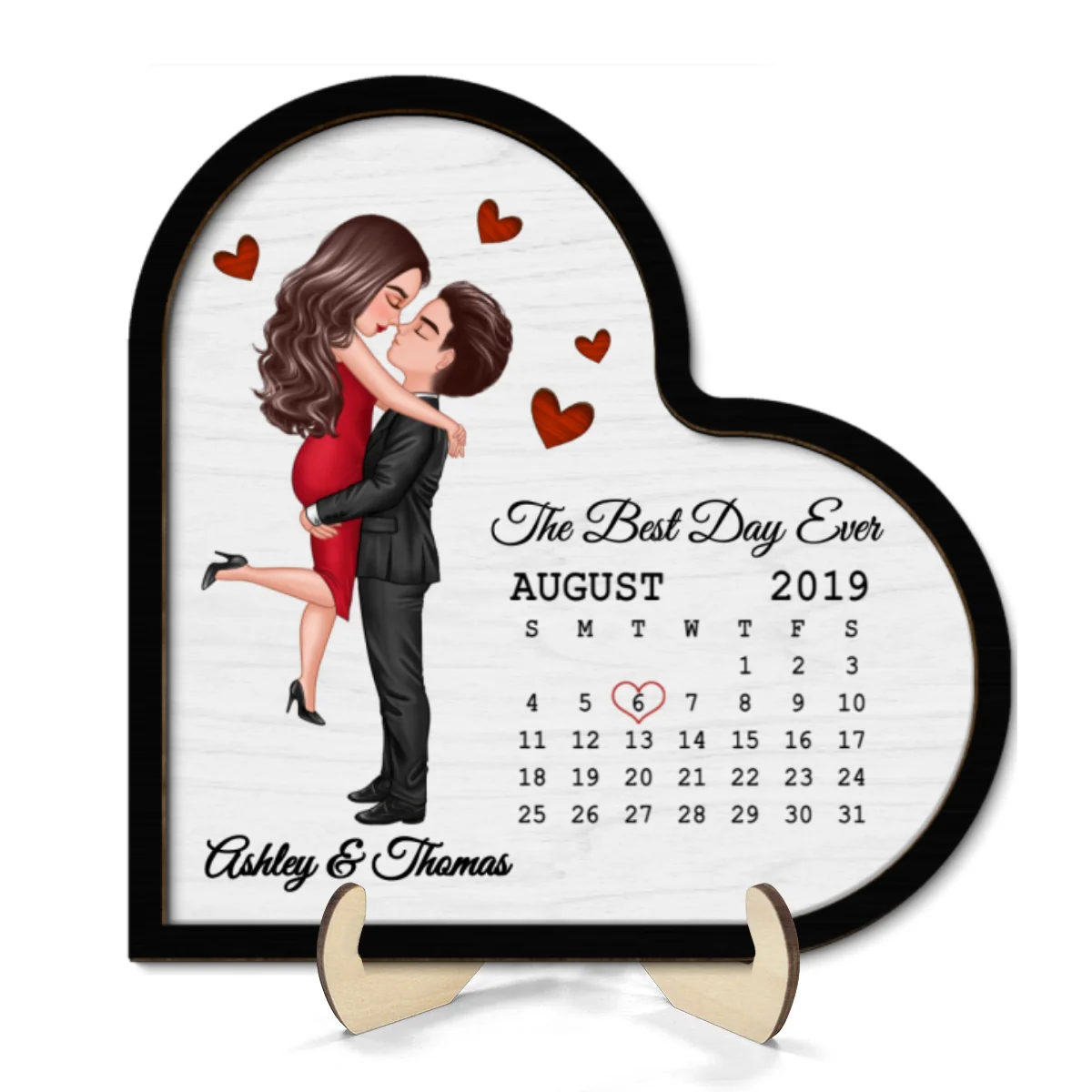 Doll Couple Hugging Kissing Calendar Anniversary Date Gift For Couple Gift For Him Gift For Her Personalized Heart Shaped 2 Layer Wooden Plaque - Image 8