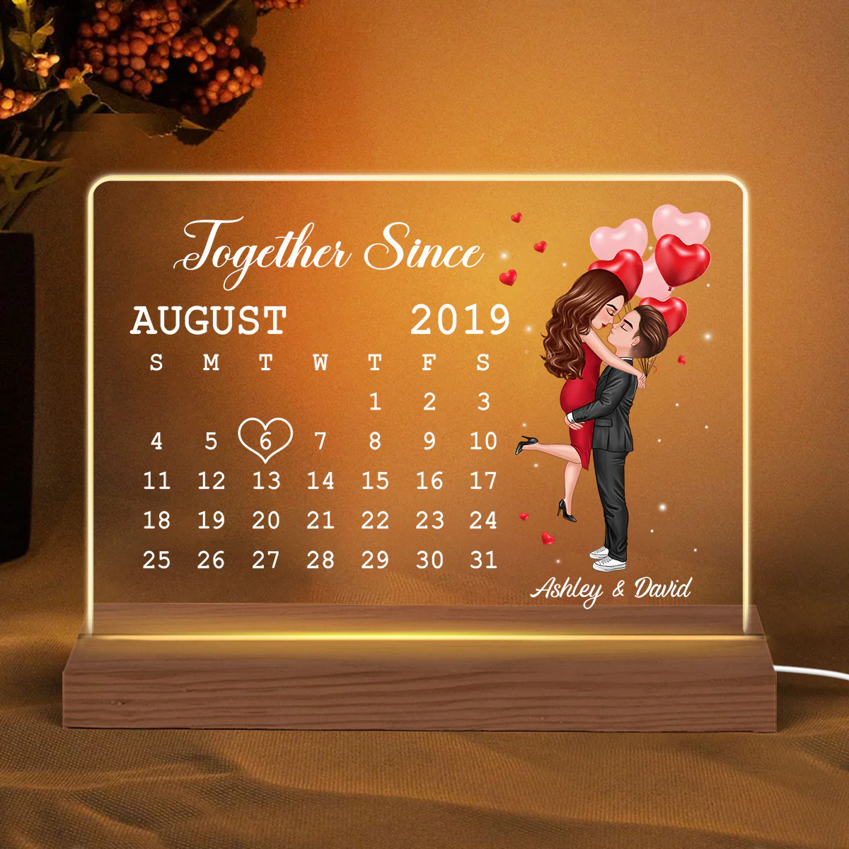 Doll Couple Hugging Kissing Calendar Anniversary Date Gift For Him For Her Personalized Custom Shape Acrylic Plaque LED Night Light - Image 2