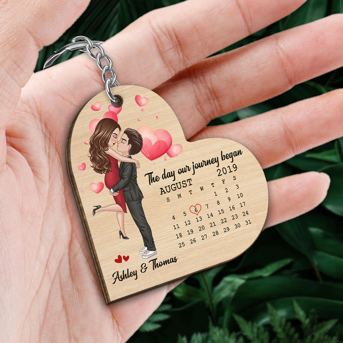 Doll Couple Hugging Kissing Calendar Anniversary Date Heart Shaped Personalized Wooden Keychain - Image 2