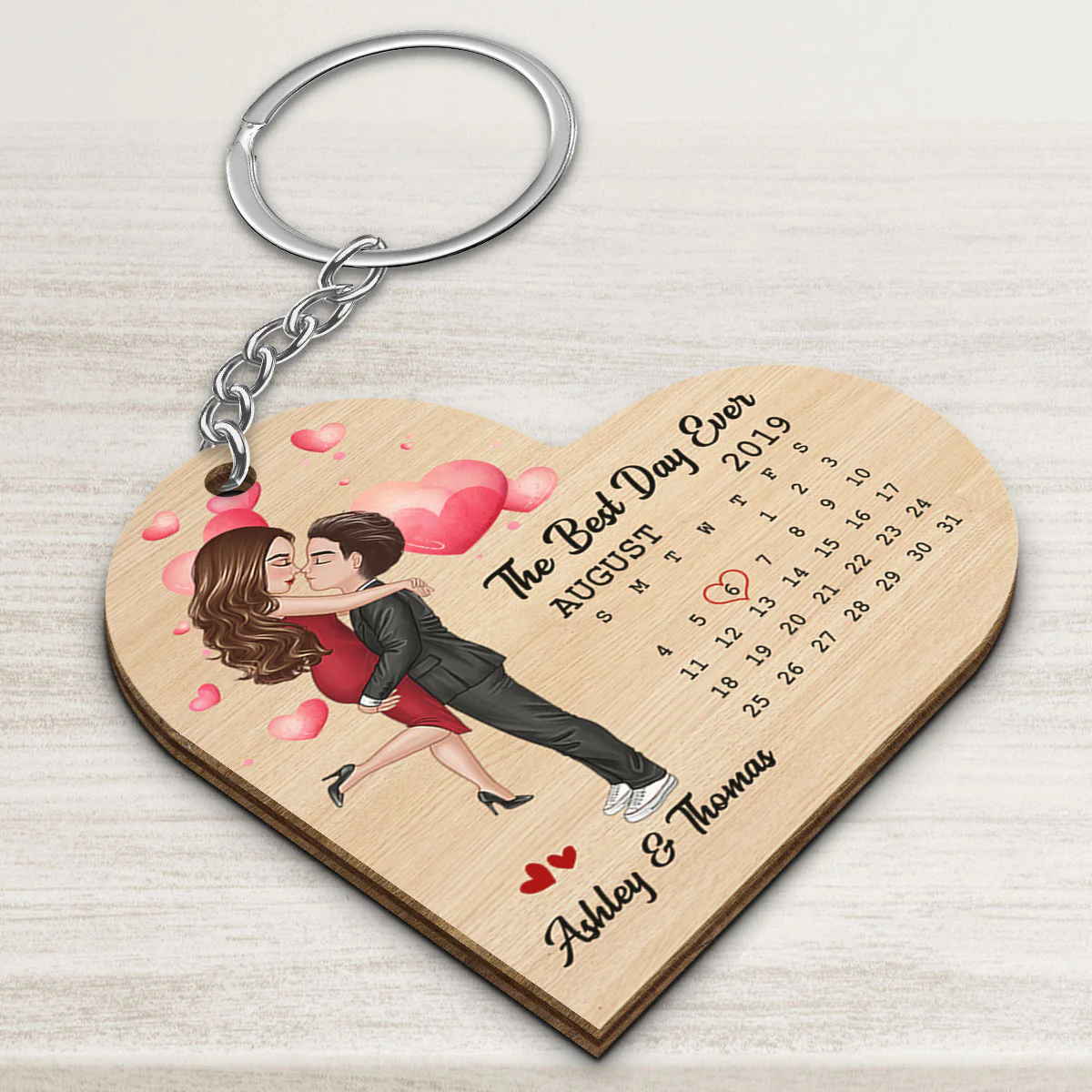 Doll Couple Hugging Kissing Calendar Anniversary Date Heart Shaped Personalized Wooden Keychain - Image 3