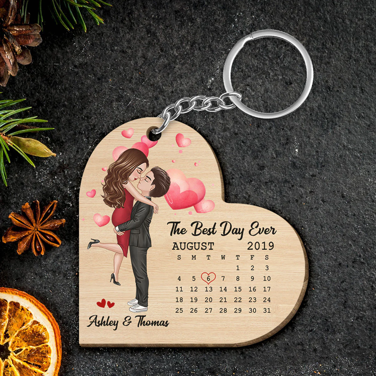 Doll Couple Hugging Kissing Calendar Anniversary Date Heart Shaped Personalized Wooden Keychain - Image 4