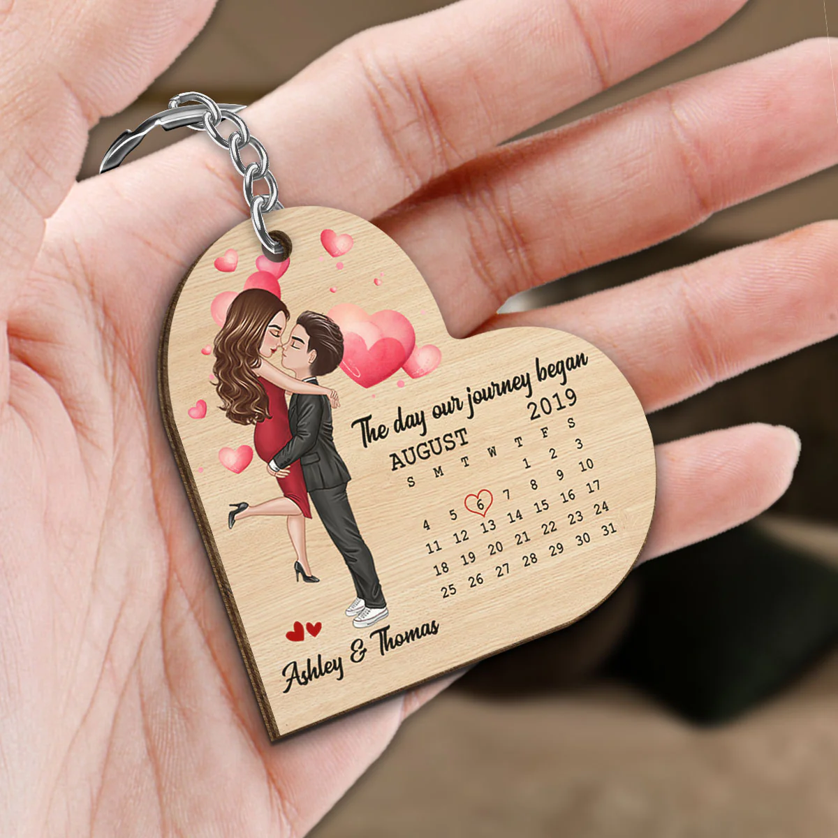 Doll Couple Hugging Kissing Calendar Anniversary Date Heart Shaped Personalized Wooden Keychain - Image 5