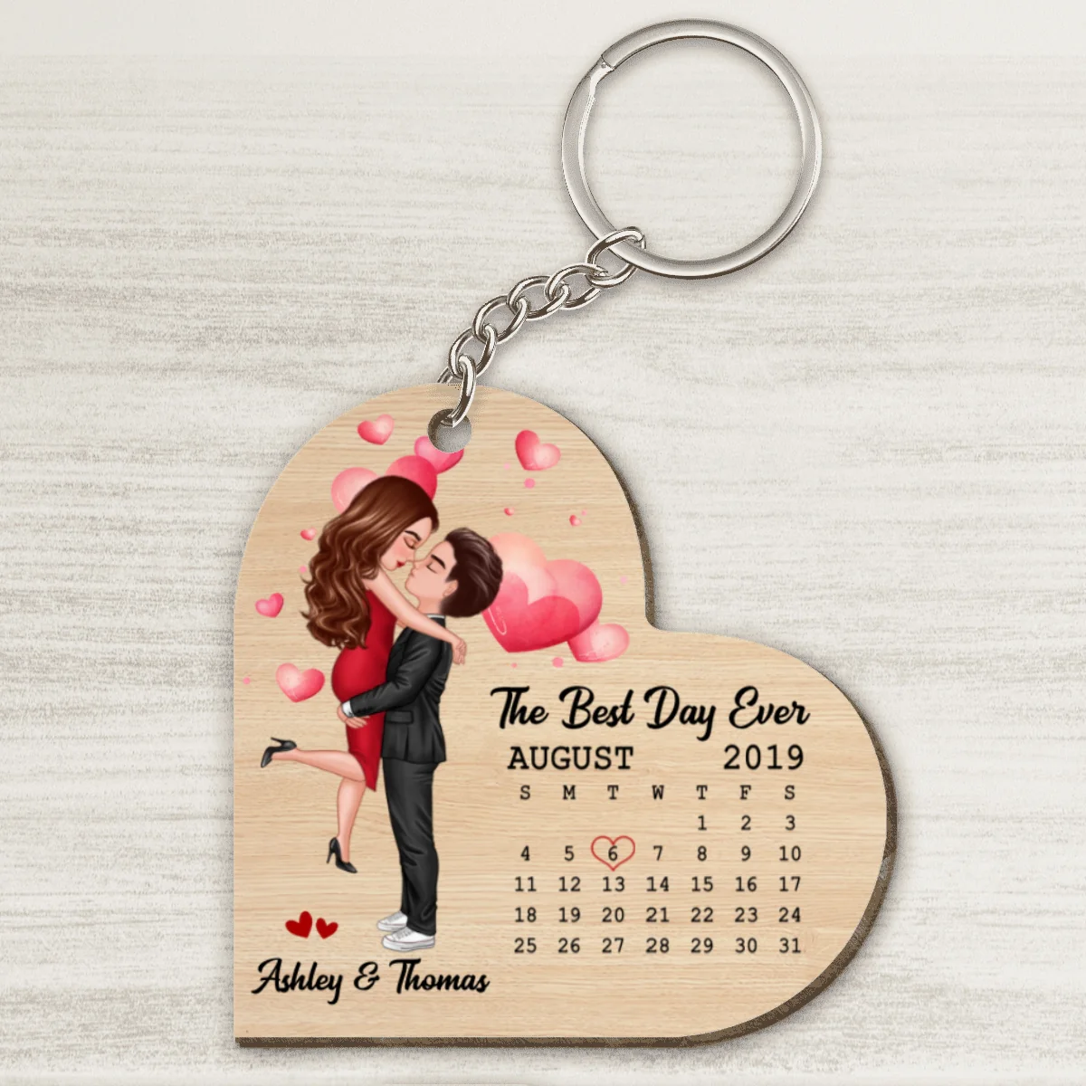 Doll Couple Hugging Kissing Calendar Anniversary Date Heart Shaped Personalized Wooden Keychain - Image 6