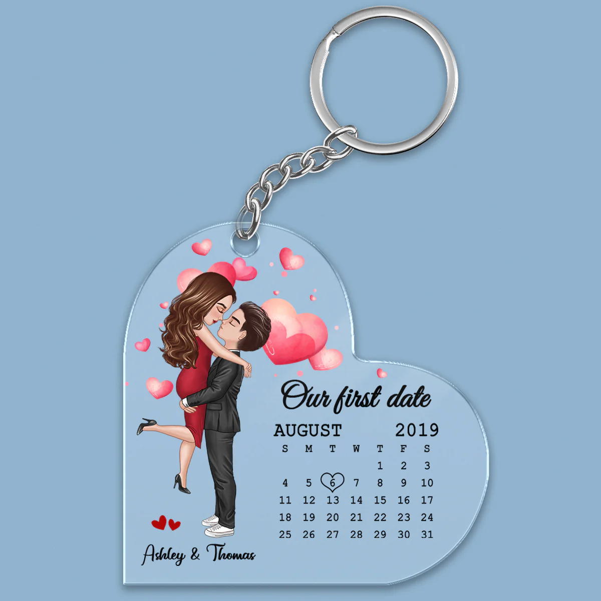 Doll Couple Hugging Kissing Calendar Anniversary Date Personalized Heart Shaped Acrylic Keychain - Gift For Him, Gift For Her - Image 2