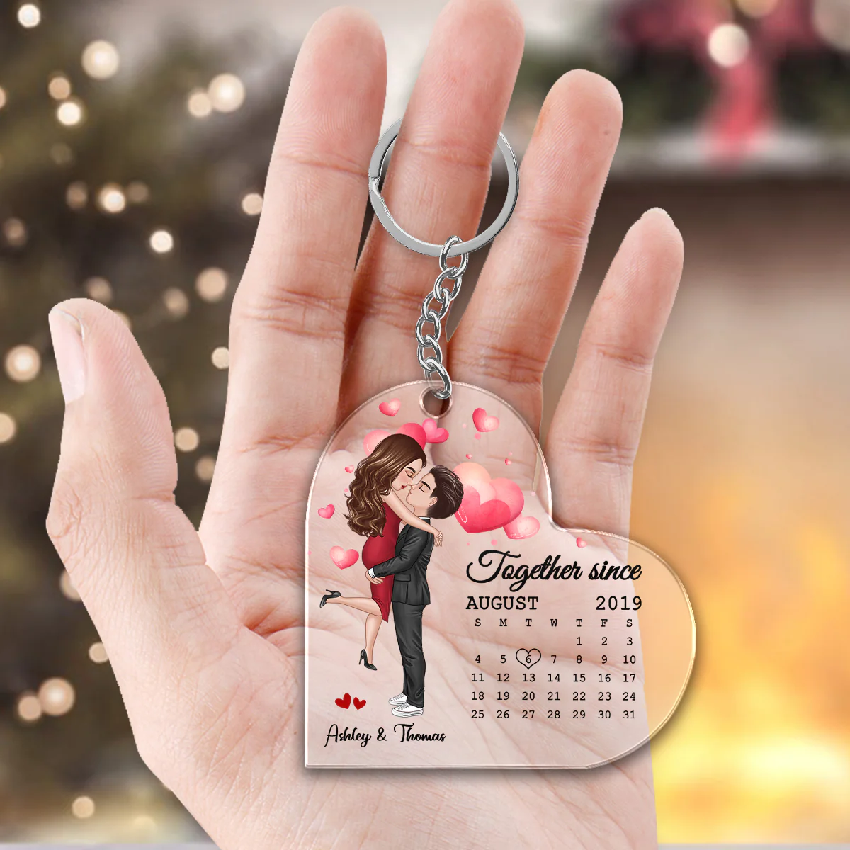 Doll Couple Hugging Kissing Calendar Anniversary Date Personalized Heart Shaped Acrylic Keychain - Gift For Him, Gift For Her - Image 3