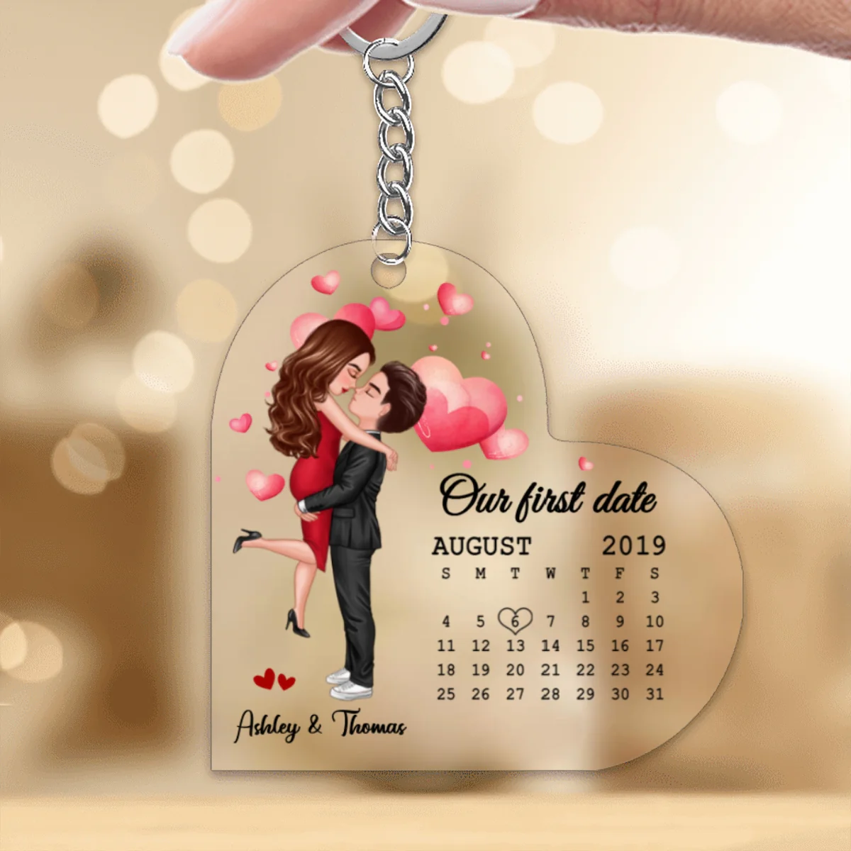 Doll Couple Hugging Kissing Calendar Anniversary Date Personalized Heart Shaped Acrylic Keychain - Gift For Him, Gift For Her - Image 4