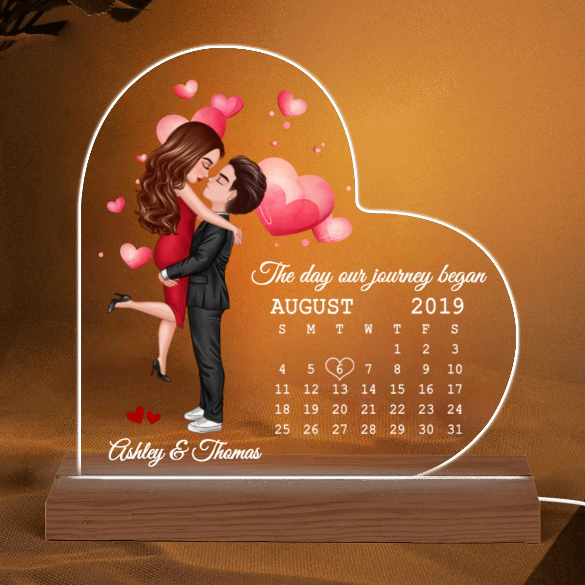 Doll Couple Hugging Kissing Calendar Anniversary Date Personalized Heart Shaped Acrylic Plaque With LED Night Light - Anniversary Gift For Couple - Gift For Him, Gift For Her - Image 5