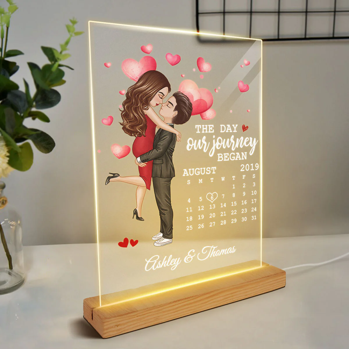 Doll Couple Hugging Kissing Calendar Anniversary Date Personalized Rectangle Acrylic Plaque With LED Night Light - Anniversary Gift For Couple - Gift For Him, Gift For Her - Image 3