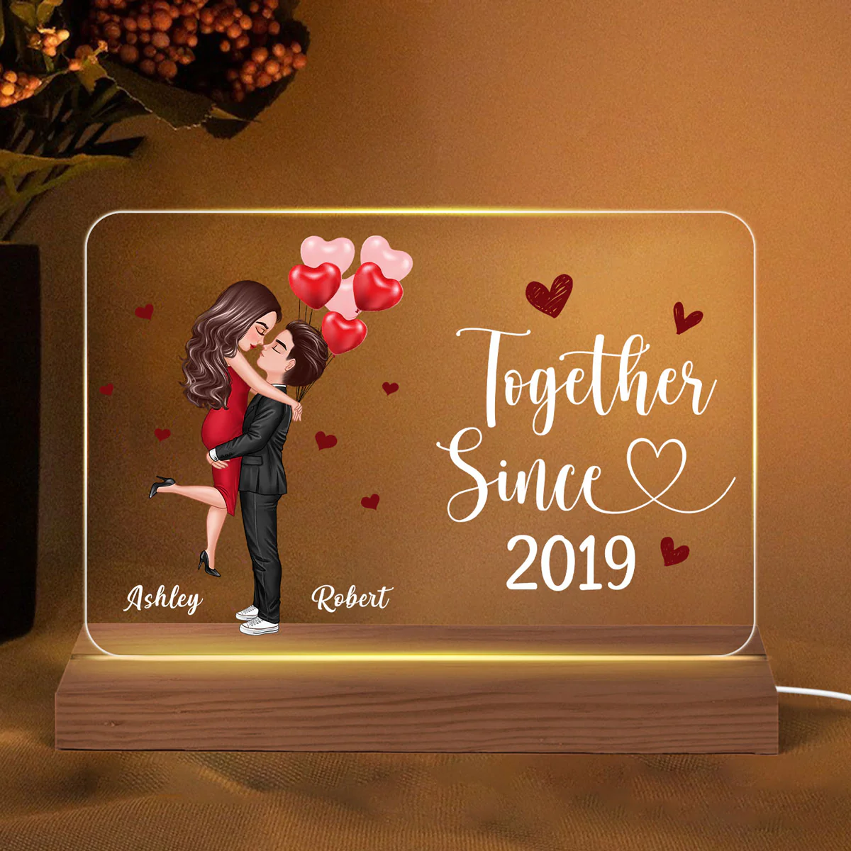 Doll Couple Hugging Kissing Gift For Him Gift For Her Personalized Custom Shape Horizontal Rectangle Acrylic Plaque LED Night Light - Image 2
