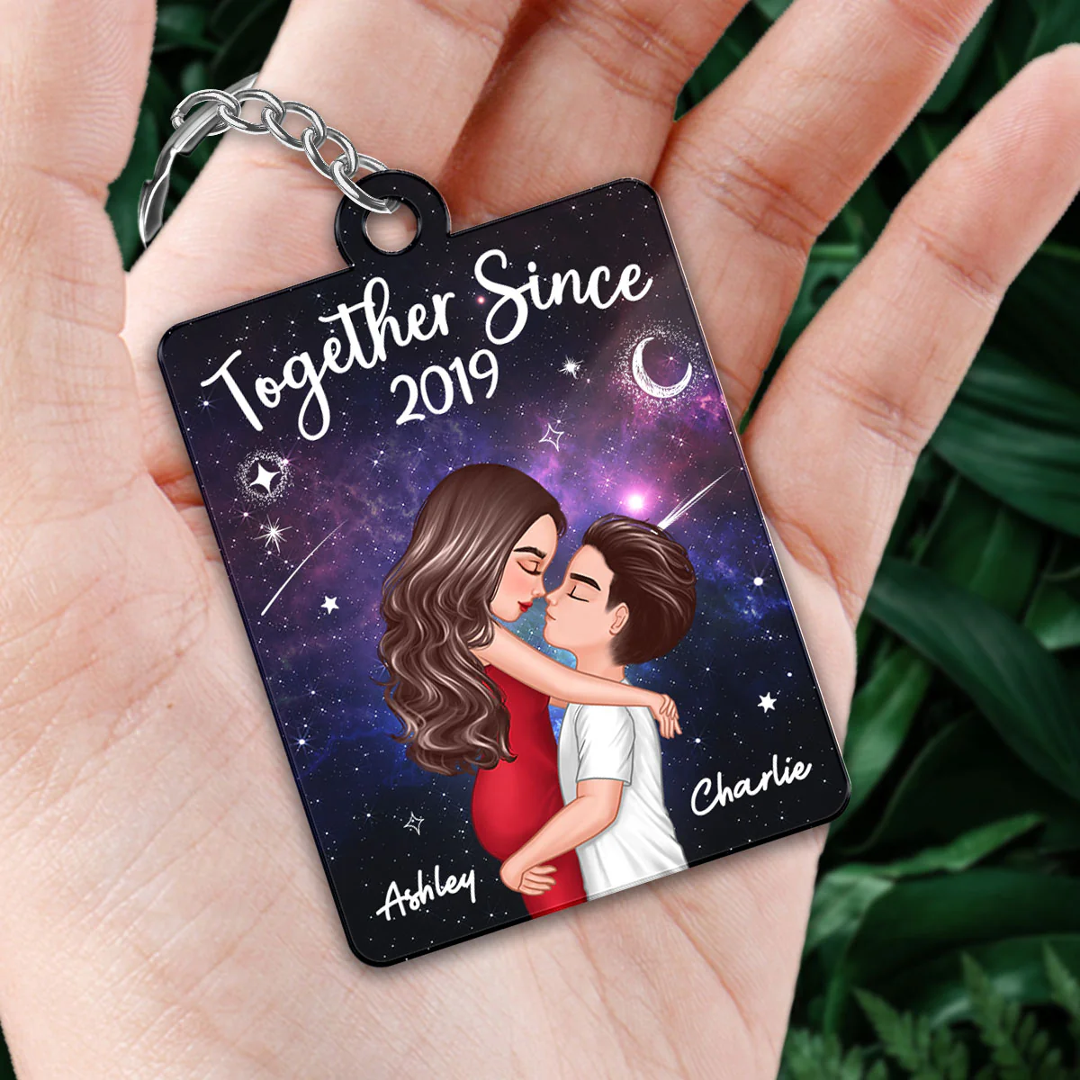 Doll Couple Hugging Kissing In Galaxy Night Favorite Song Scannable QR Code Personalized Acrylic Keychain - Image 2