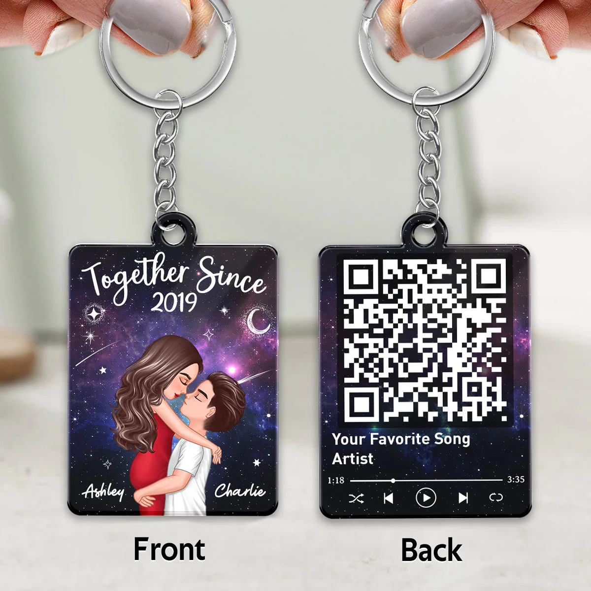 Doll Couple Hugging Kissing In Galaxy Night Favorite Song Scannable QR Code Personalized Acrylic Keychain - Image 3