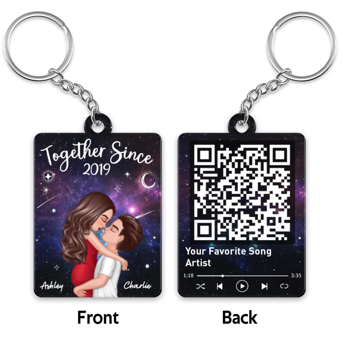 Doll Couple Hugging Kissing In Galaxy Night Favorite Song Scannable QR Code Personalized Acrylic Keychain - Image 4