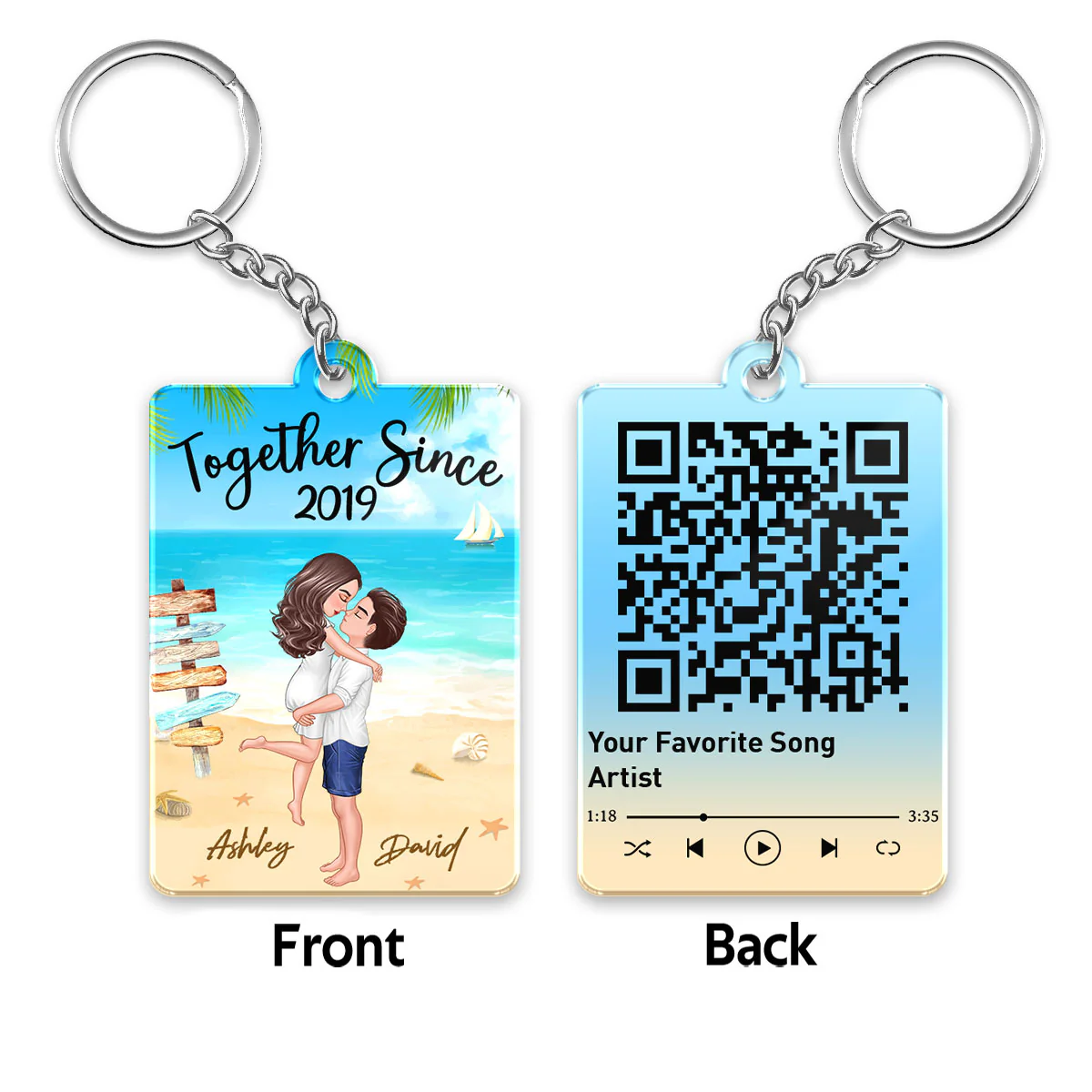 Doll Couple Hugging Kissing On The Beach Favorite Song Scannable QR Code Personalized Acrylic Keychain