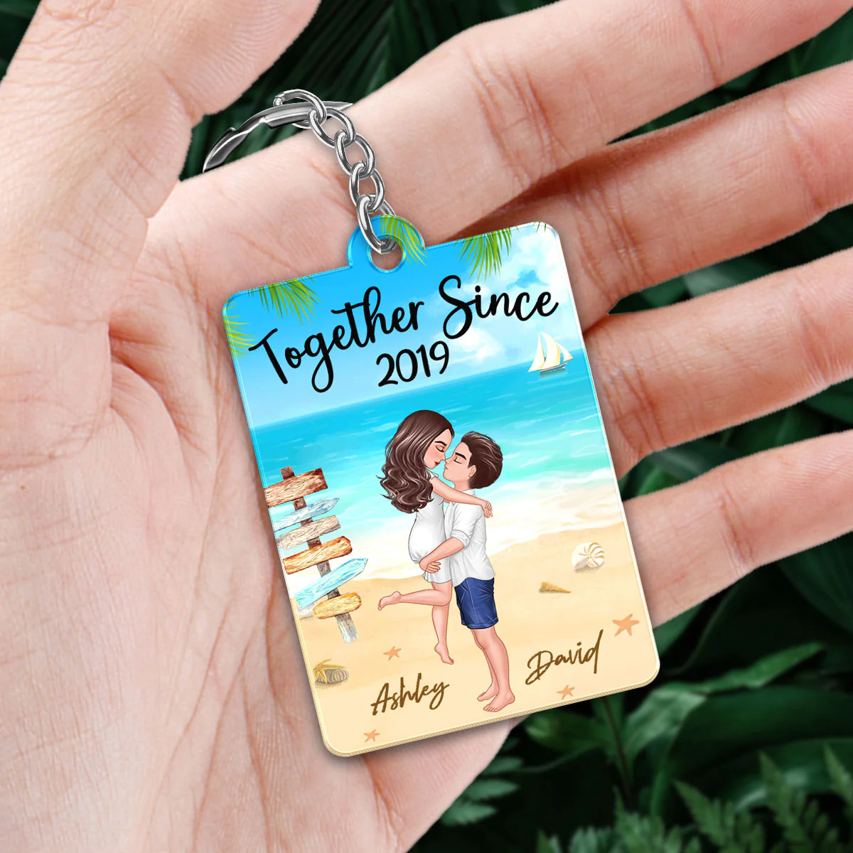 Doll Couple Hugging Kissing On The Beach Favorite Song Scannable QR Code Personalized Acrylic Keychain - Image 2
