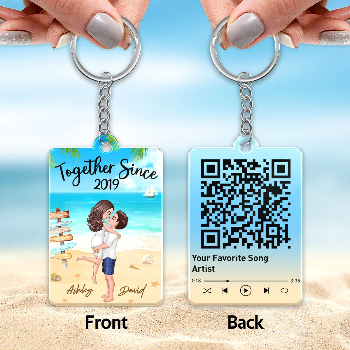 Doll Couple Hugging Kissing On The Beach Favorite Song Scannable QR Code Personalized Acrylic Keychain - Image 3