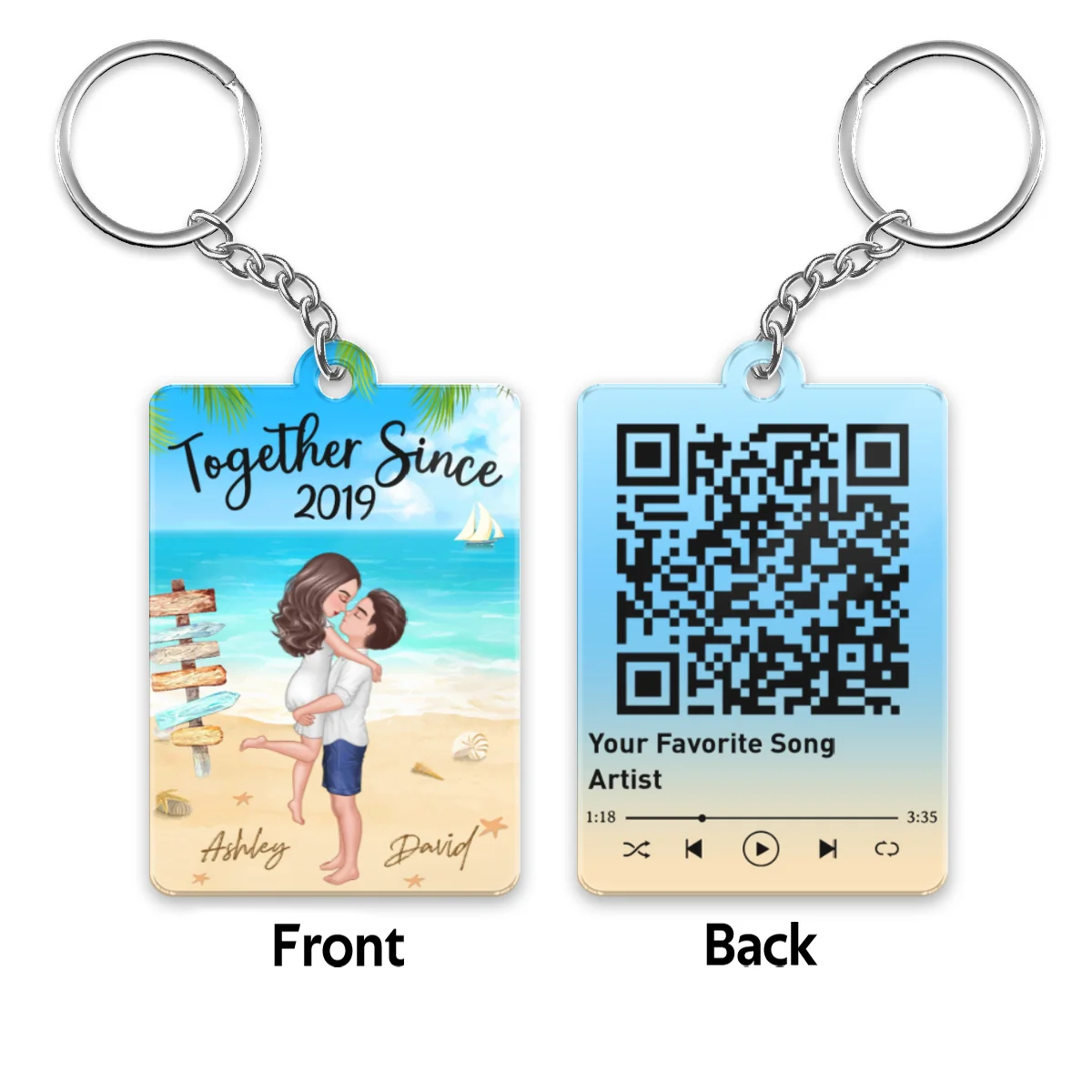 Doll Couple Hugging Kissing On The Beach Favorite Song Scannable QR Code Personalized Acrylic Keychain - Image 4