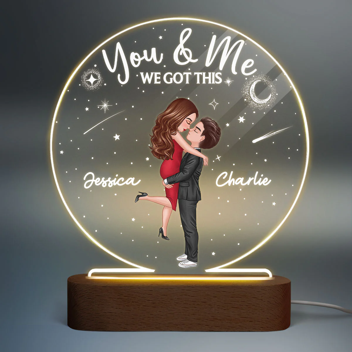 Doll Couple Hugging Kissing Personalized Circle Acrylic Plaque With LED Night Light - Anniversary Gift For Her - Gift For Him - Image 2