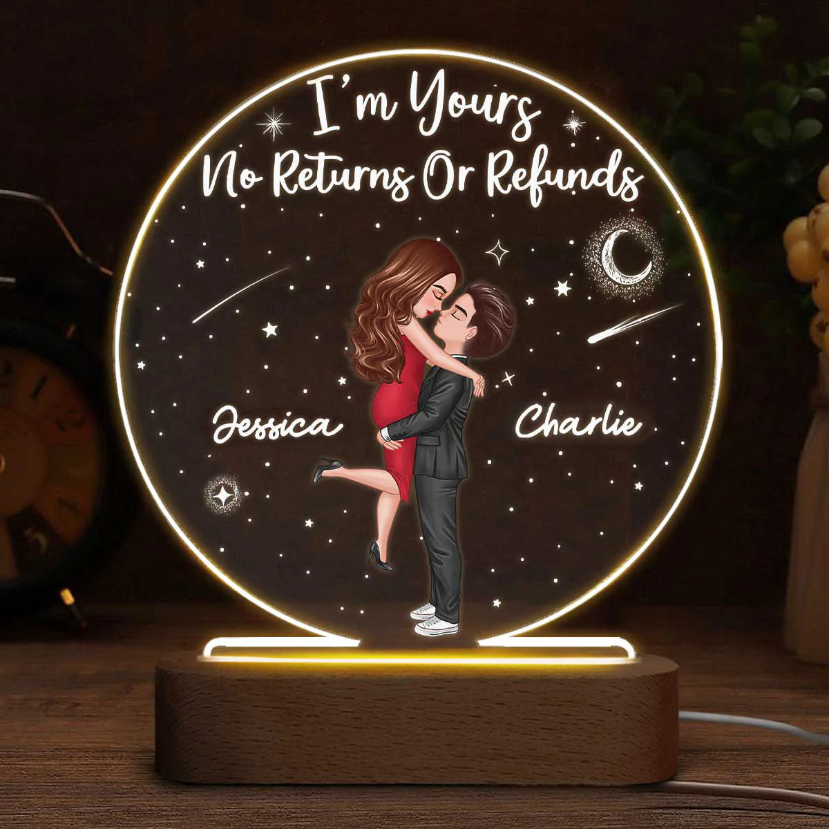 Doll Couple Hugging Kissing Personalized Circle Acrylic Plaque With LED Night Light - Anniversary Gift For Her - Gift For Him - Image 5