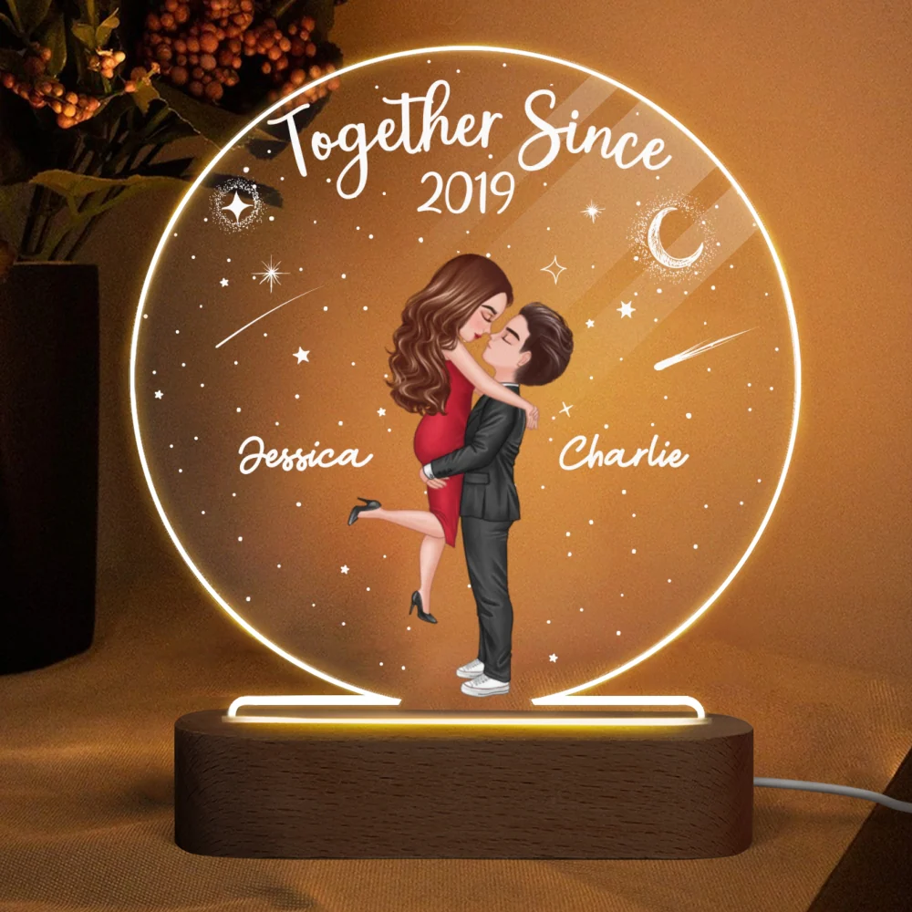 Doll Couple Hugging Kissing Personalized Circle Acrylic Plaque With LED Night Light - Anniversary Gift For Her - Gift For Him - Image 6