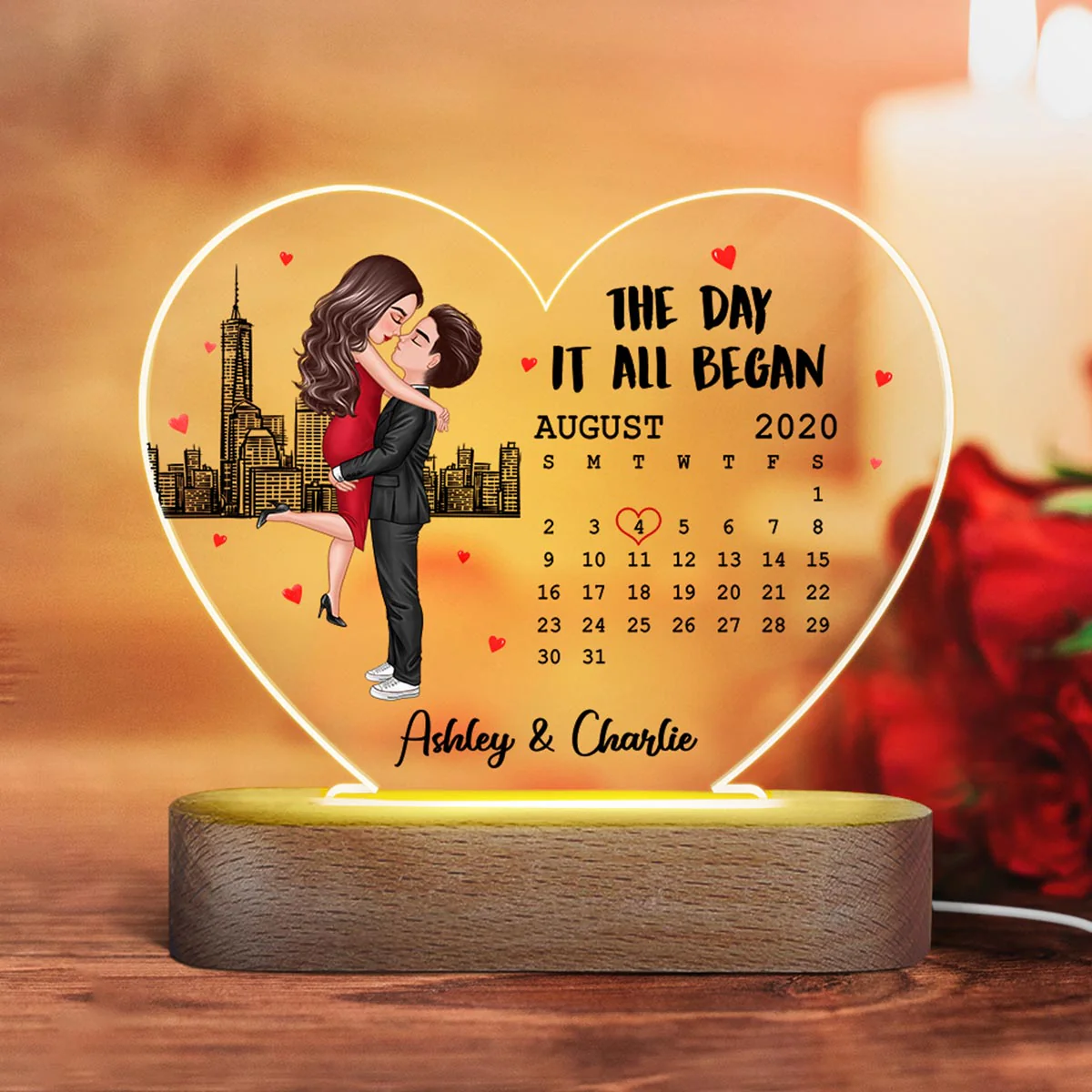 Doll Couple Hugging Kissing Skyline Calendar Anniversary Date Personalized Acrylic Heart Plaque LED Night Light - Image 3