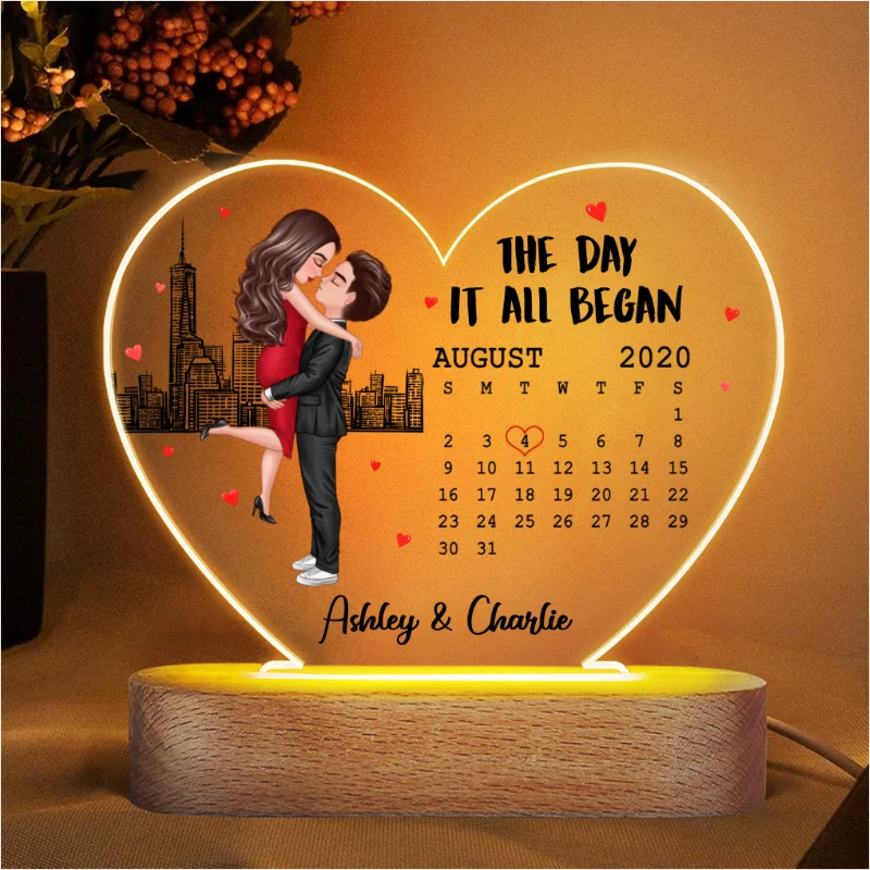Doll Couple Hugging Kissing Skyline Calendar Anniversary Date Personalized Acrylic Heart Plaque LED Night Light - Image 4