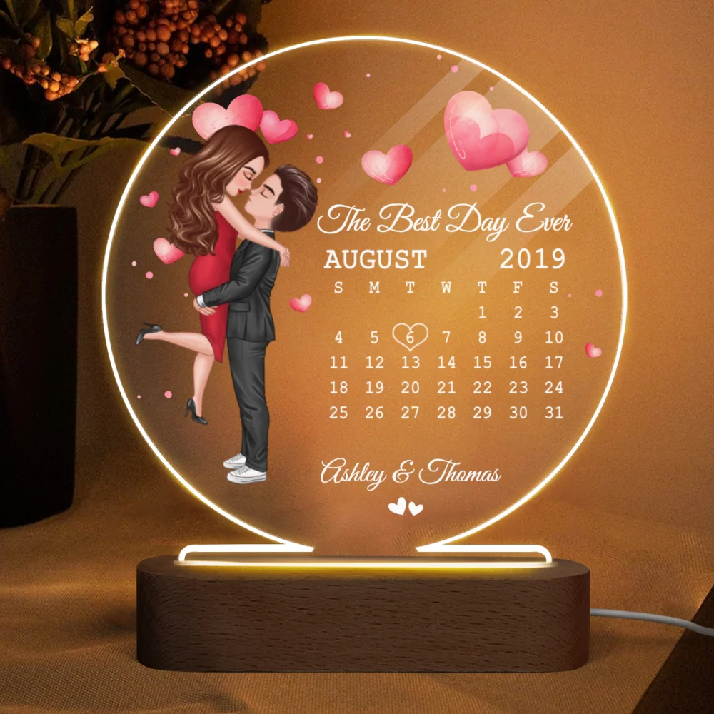 Doll Couple Hugging Kissing Together Since Anniversary Date Calendar Personalized Acrylic Circle Plaque With LED Night Light - Anniversary Gift For Couple - Gift For Him, Gift For Her - Image 4