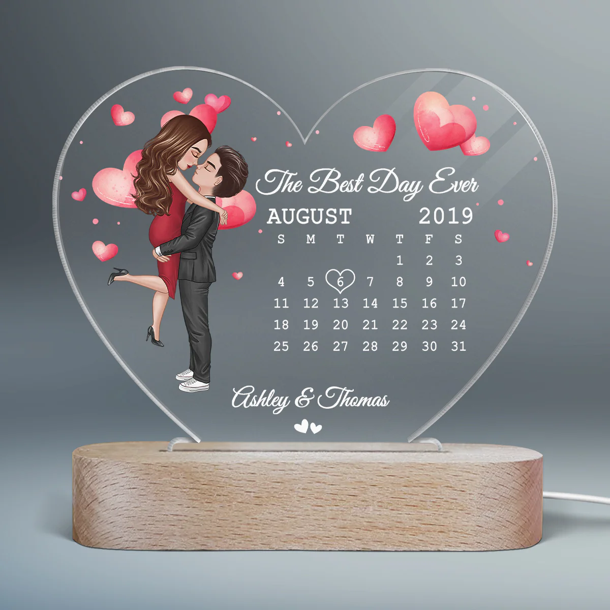 Doll Couple Hugging Kissing Together Since Anniversary Date Calendar Personalized Acrylic Heart Plaque With LED Night Light - Anniversary Gift For Couple - Gift For Him, Gift For Her - Image 2