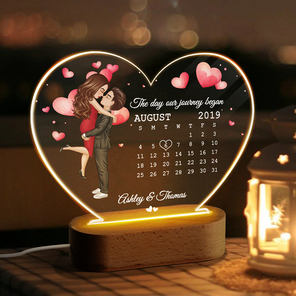Doll Couple Hugging Kissing Together Since Anniversary Date Calendar Personalized Acrylic Heart Plaque With LED Night Light - Anniversary Gift For Couple - Gift For Him, Gift For Her - Image 3