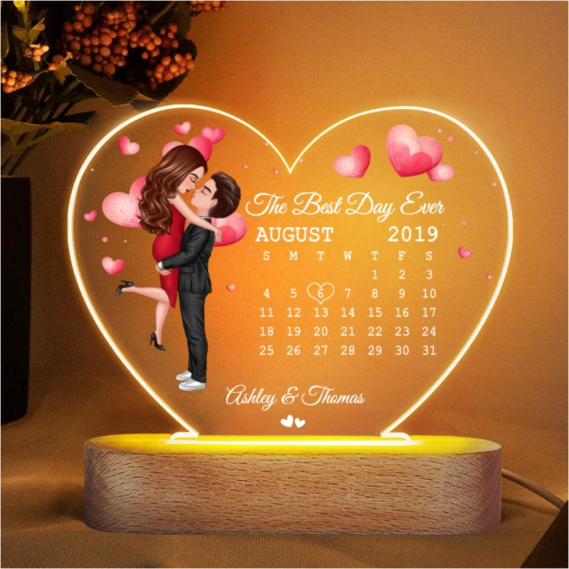 Doll Couple Hugging Kissing Together Since Anniversary Date Calendar Personalized Acrylic Heart Plaque With LED Night Light - Anniversary Gift For Couple - Gift For Him, Gift For Her - Image 4