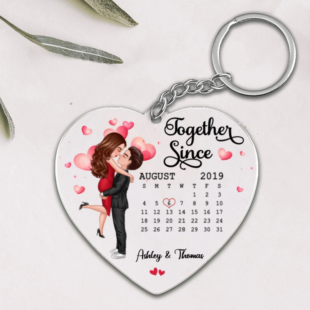 Doll Couple Hugging Kissing Together Since Anniversary Date Calendar Personalized Heart Acrylic Keychain - Gift For Couple - Gift For Him, Gift For Her - Image 4