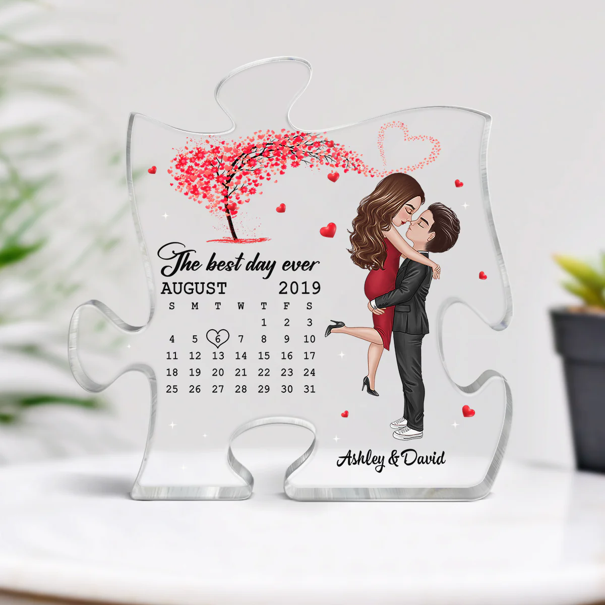 Doll Couple Hugging Kissing Under Red Heart Tree Calendar Anniversary Date Personalized Puzzle Acrylic Plaque