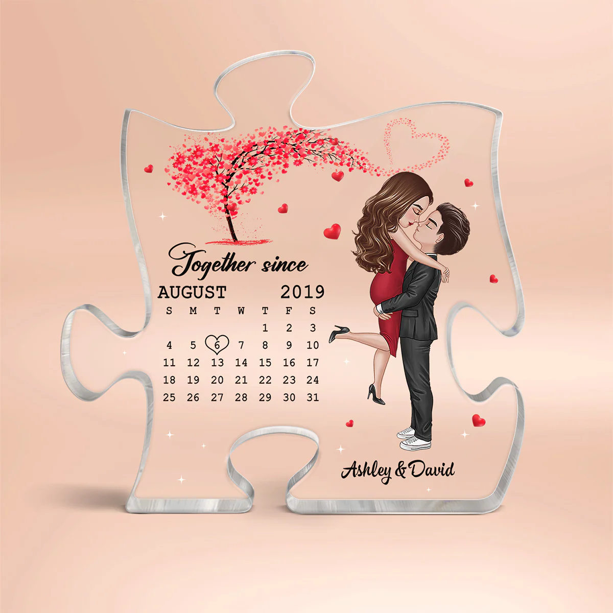 Doll Couple Hugging Kissing Under Red Heart Tree Calendar Anniversary Date Personalized Puzzle Acrylic Plaque - Image 2