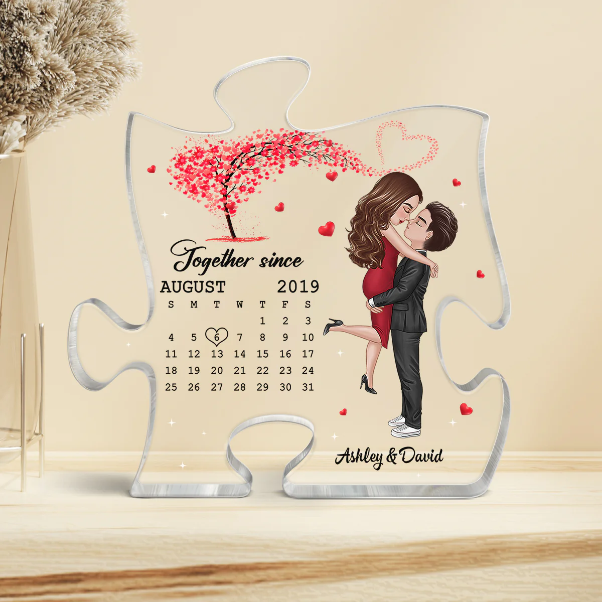 Doll Couple Hugging Kissing Under Red Heart Tree Calendar Anniversary Date Personalized Puzzle Acrylic Plaque - Image 3