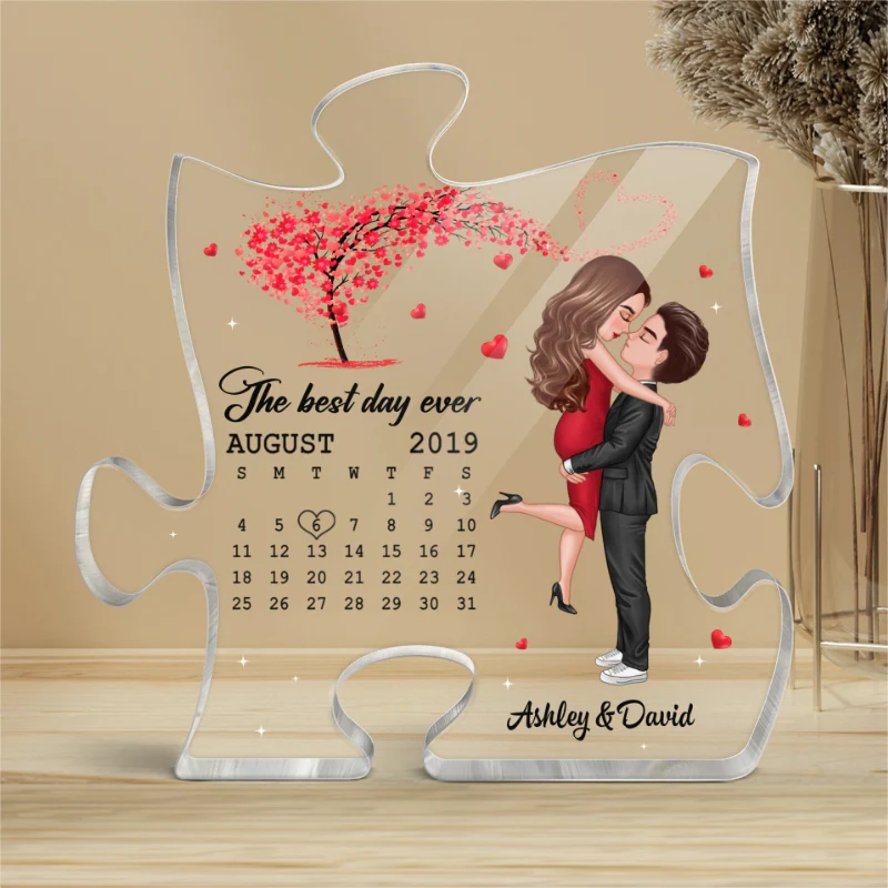 Doll Couple Hugging Kissing Under Red Heart Tree Calendar Anniversary Date Personalized Puzzle Acrylic Plaque - Image 4