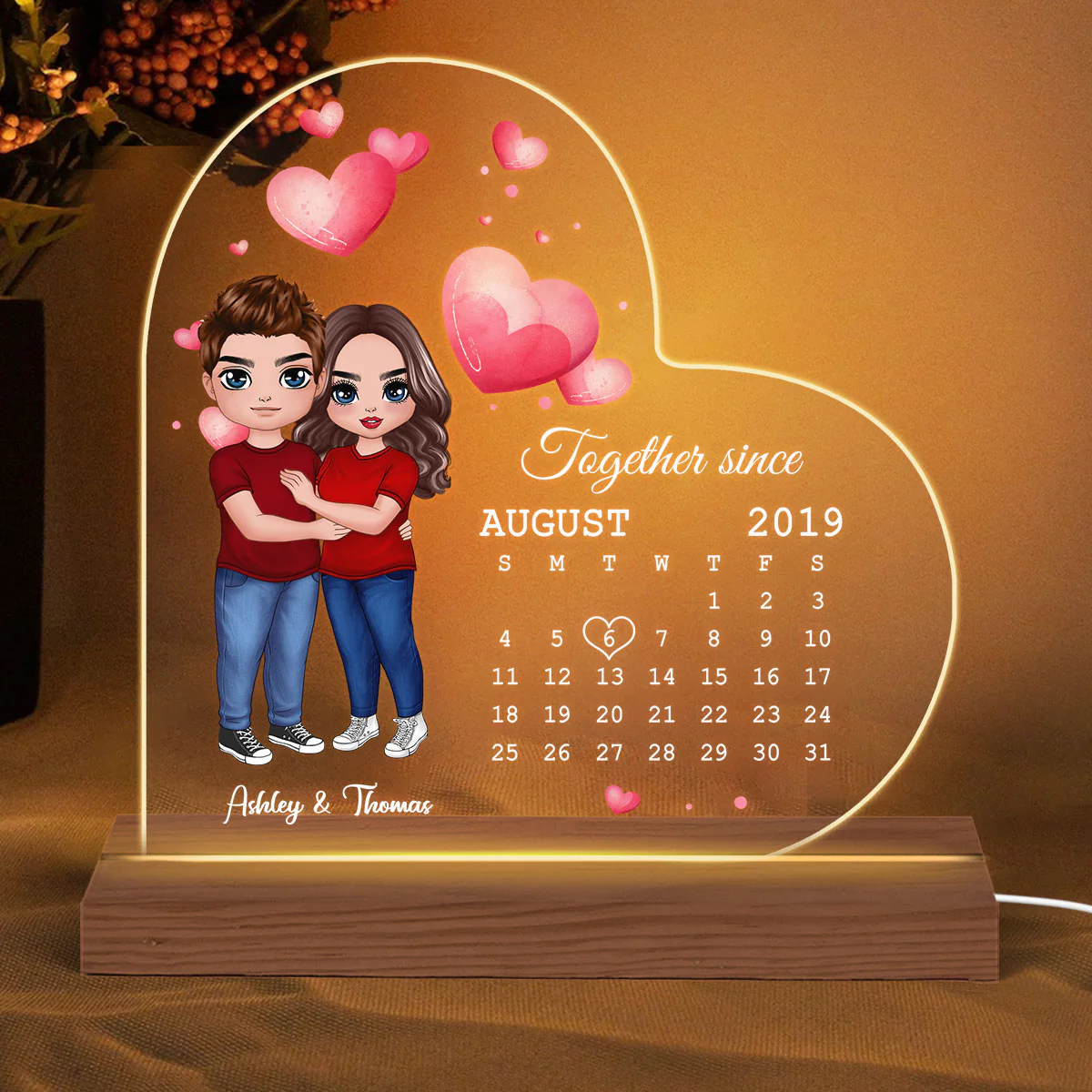 Doll Couple Hugging Standing Anniversary Date Calendar Personalized Heart Shaped Acrylic Plaque With LED Night Light - Anniversary Gift For Couple - Gift For Him, Gift For Her - Image 2