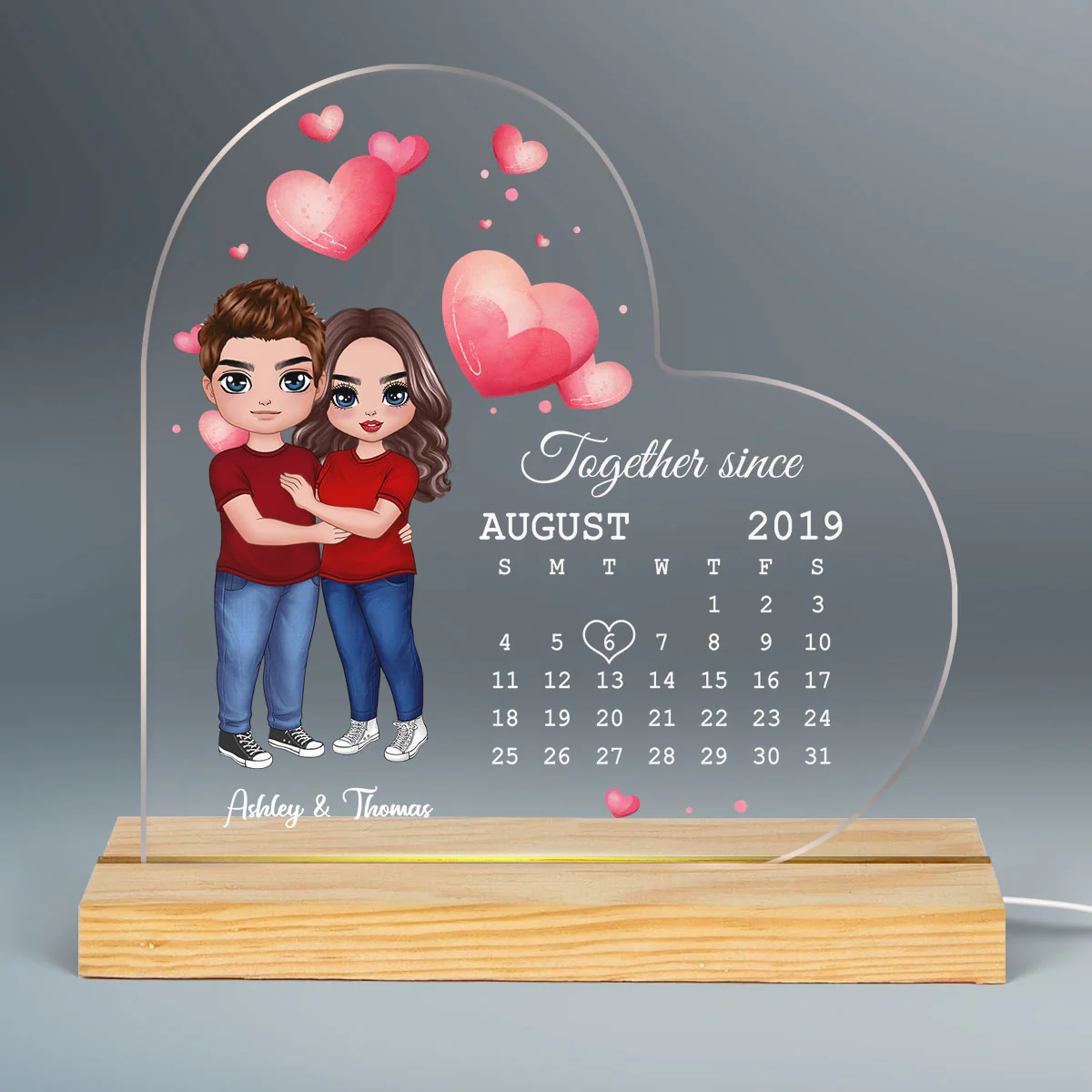 Doll Couple Hugging Standing Anniversary Date Calendar Personalized Heart Shaped Acrylic Plaque With LED Night Light - Anniversary Gift For Couple - Gift For Him, Gift For Her - Image 3