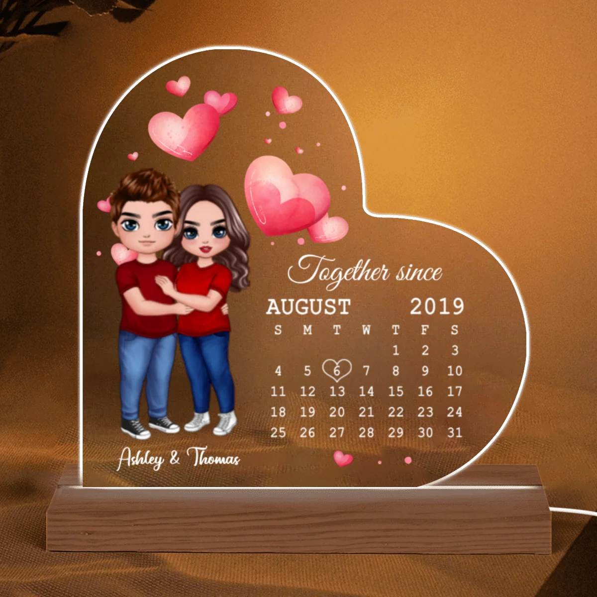 Doll Couple Hugging Standing Anniversary Date Calendar Personalized Heart Shaped Acrylic Plaque With LED Night Light - Anniversary Gift For Couple - Gift For Him, Gift For Her - Image 5