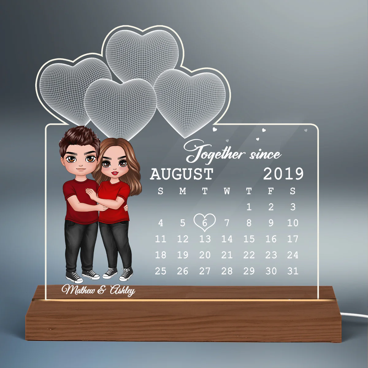 Doll Couple Hugging Under 3D Heart Anniversary Date Calendar Personalized Custom Shape Acrylic Plaque With LED Night Light - Anniversary Gift For Couple - Gift For Him Gift For Her - Image 2