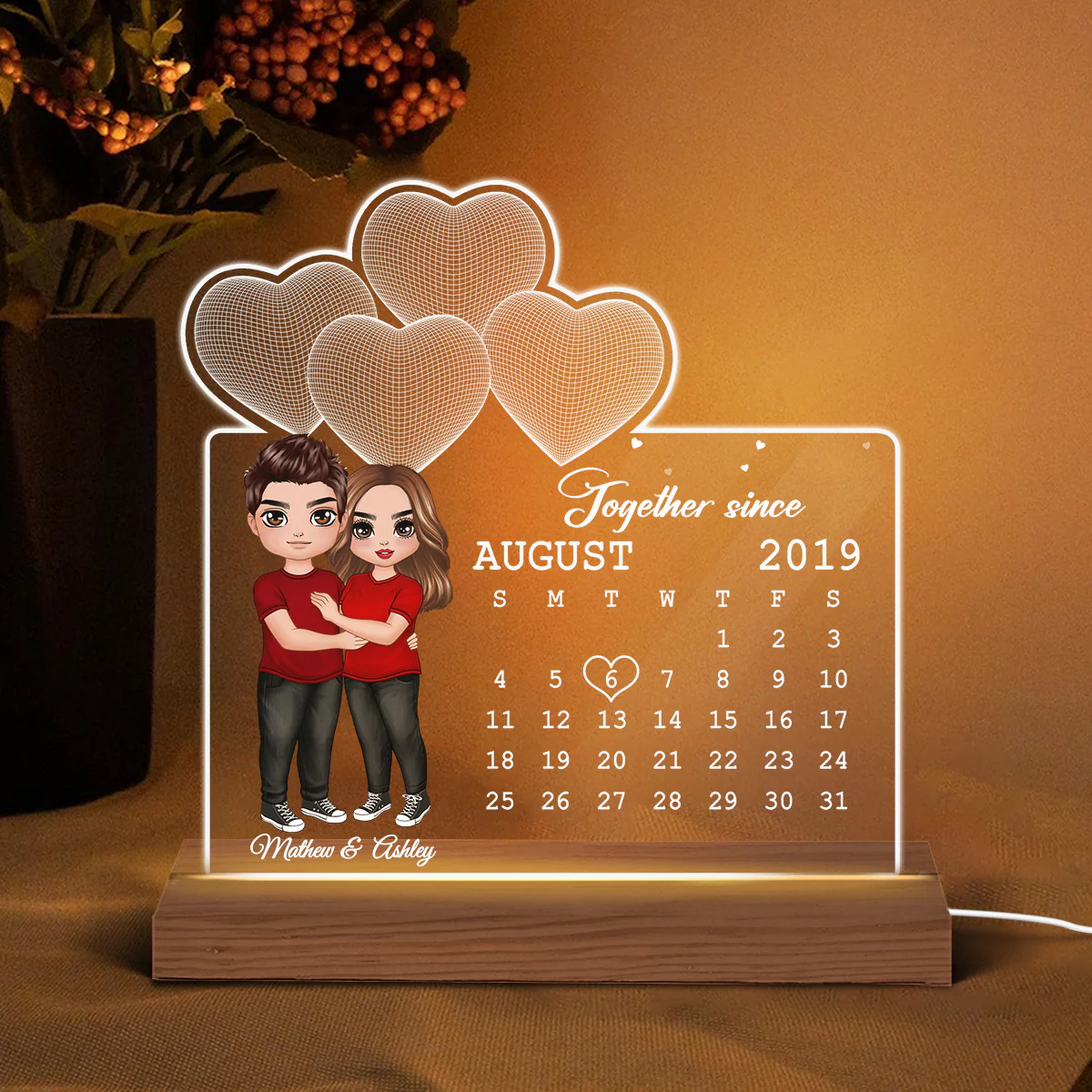 Doll Couple Hugging Under 3D Heart Anniversary Date Calendar Personalized Custom Shape Acrylic Plaque With LED Night Light - Anniversary Gift For Couple - Gift For Him Gift For Her - Image 3