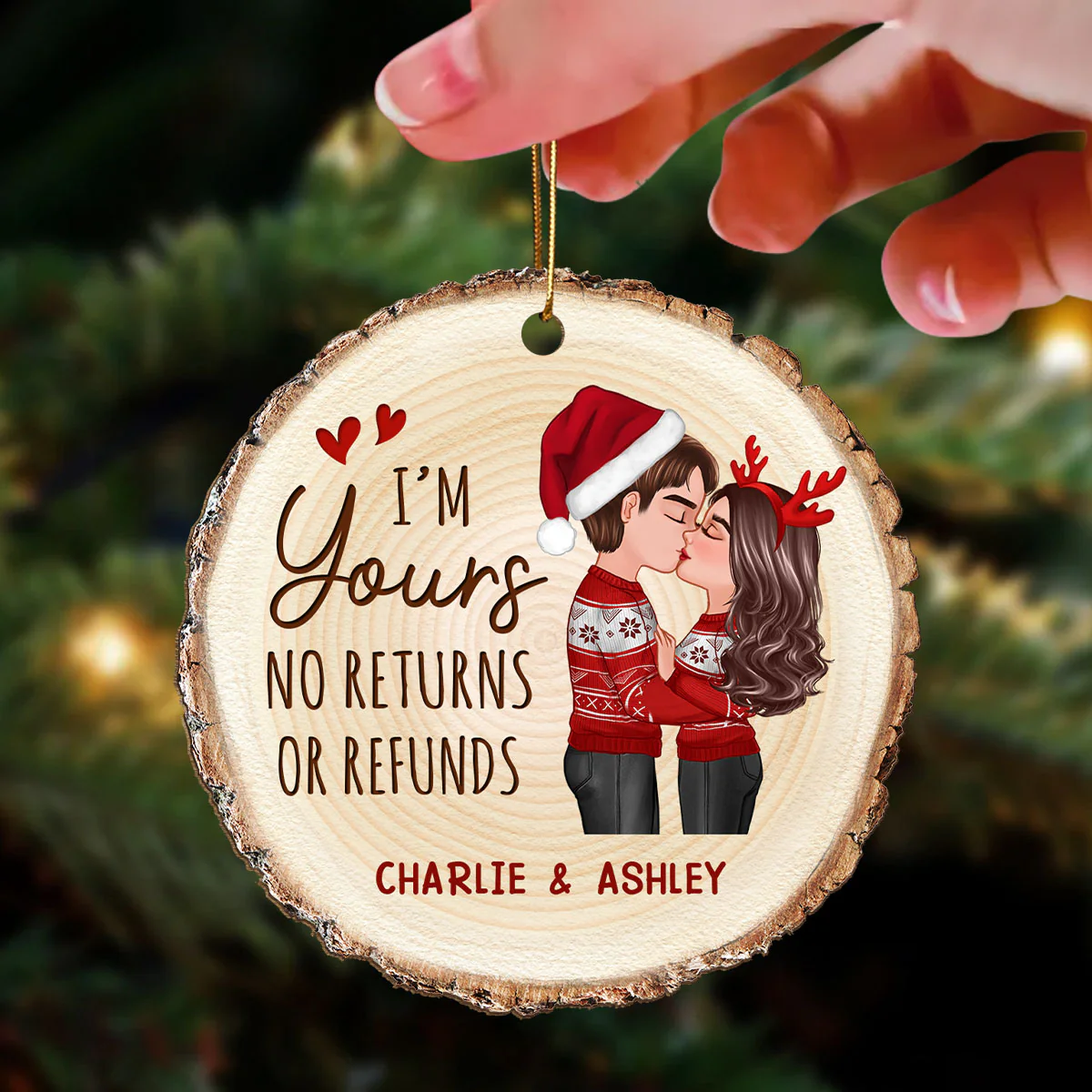 Doll Couple Kising Wood Slice Printed Personalized Wooden Ornament - Image 3