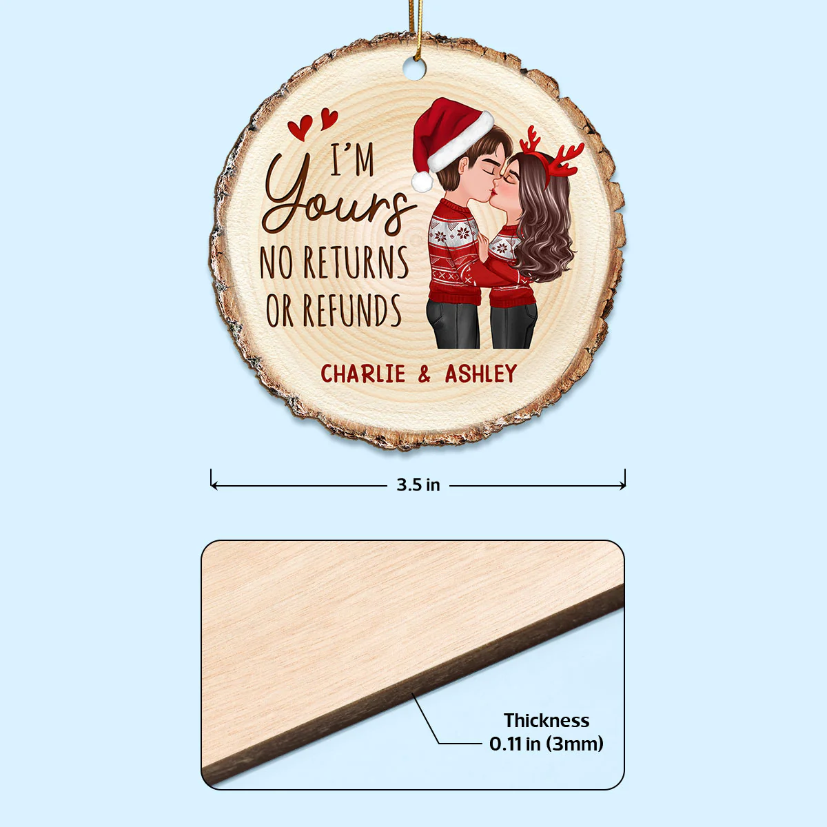 Doll Couple Kising Wood Slice Printed Personalized Wooden Ornament - Image 4