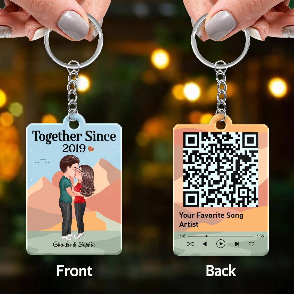 Doll Couple Kissing Abstract Boho Favorite Song QR Code Personalized Acrylic Keychain - Image 3