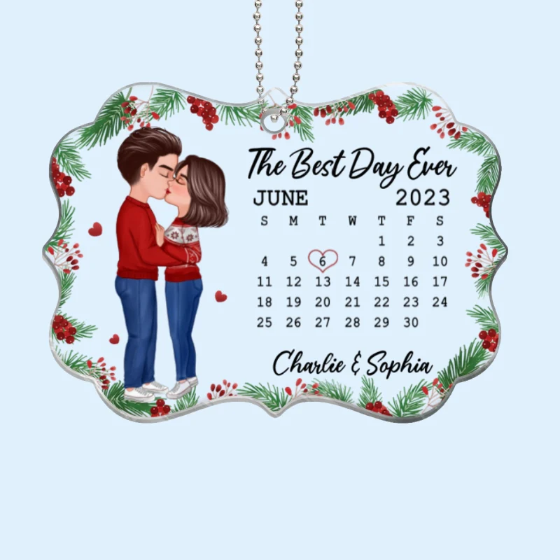 Doll Couple Kissing Anniversary Date Calendar Holly Branch Personalized Acrylic Ornament - Image 4