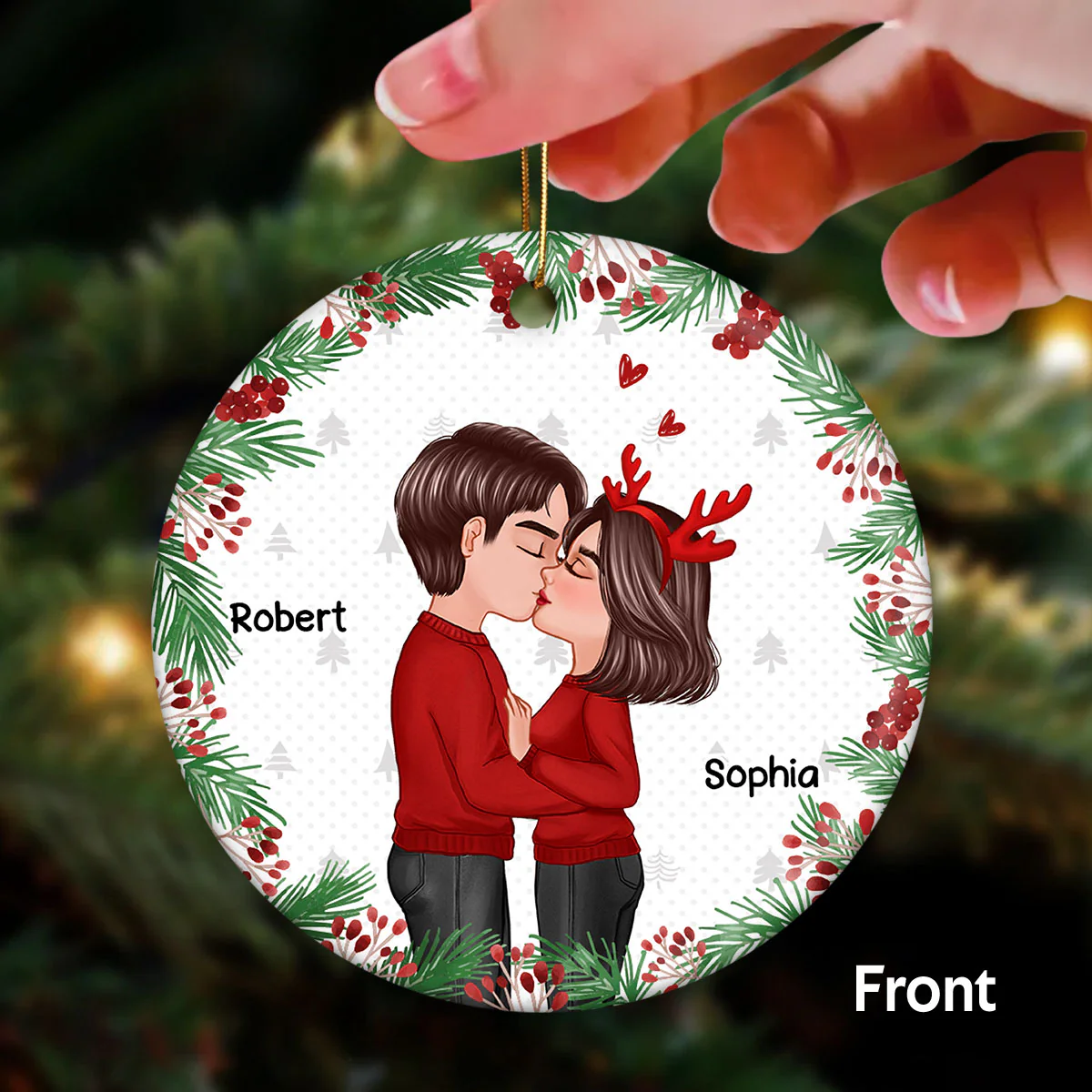 Doll Couple Kissing Anniversary Date Christmas Gift Personalized Double Sided Circle Ornament - Image 2