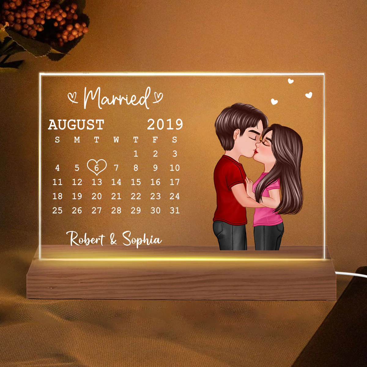 Doll Couple Kissing Anniversary Date Gift For Him For Her Personalized Custom Shape Acrylic Plaque LED Night Light - Image 2