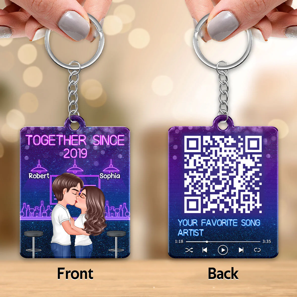 Doll Couple Kissing At Bar Favorite Song QR Code Personalized Acrylic Keychain - Image 3