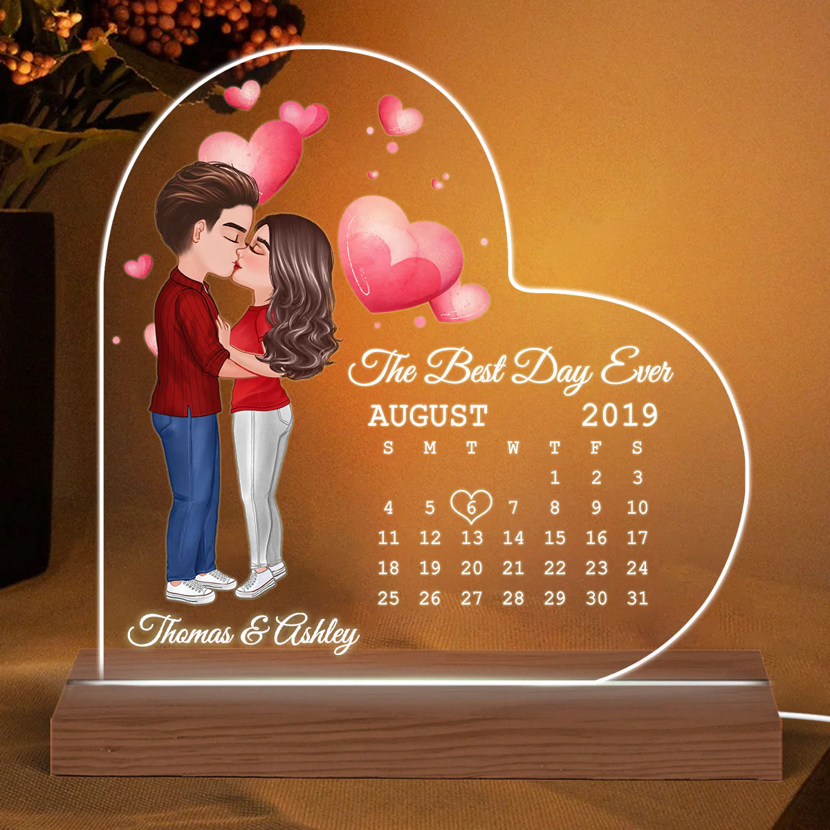 Doll Couple Kissing Calendar Anniversary Date Personalized Heart Shaped Acrylic Plaque With LED Night Light - Anniversary Gift For Couple - Gift For Him, Gift For Her - Image 2