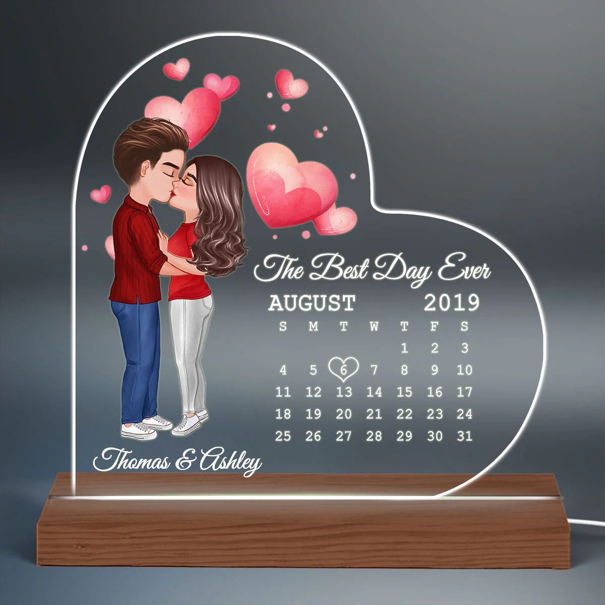 Doll Couple Kissing Calendar Anniversary Date Personalized Heart Shaped Acrylic Plaque With LED Night Light - Anniversary Gift For Couple - Gift For Him, Gift For Her - Image 3